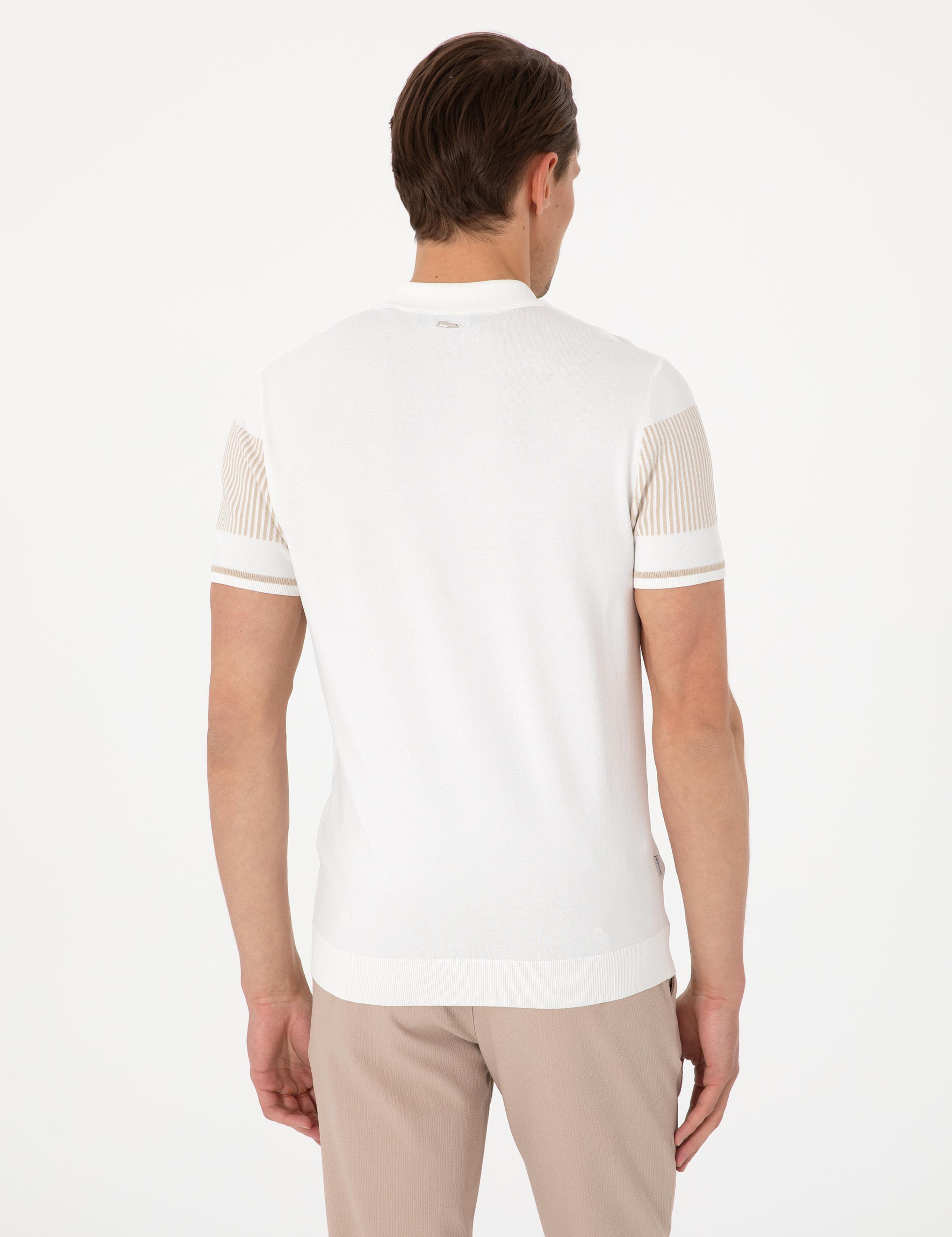 Ekru Slim Fit Fermuarlı Polo Yaka Triko Tişört