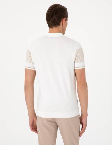 Ekru Slim Fit Fermuarlı Polo Yaka Triko Tişört