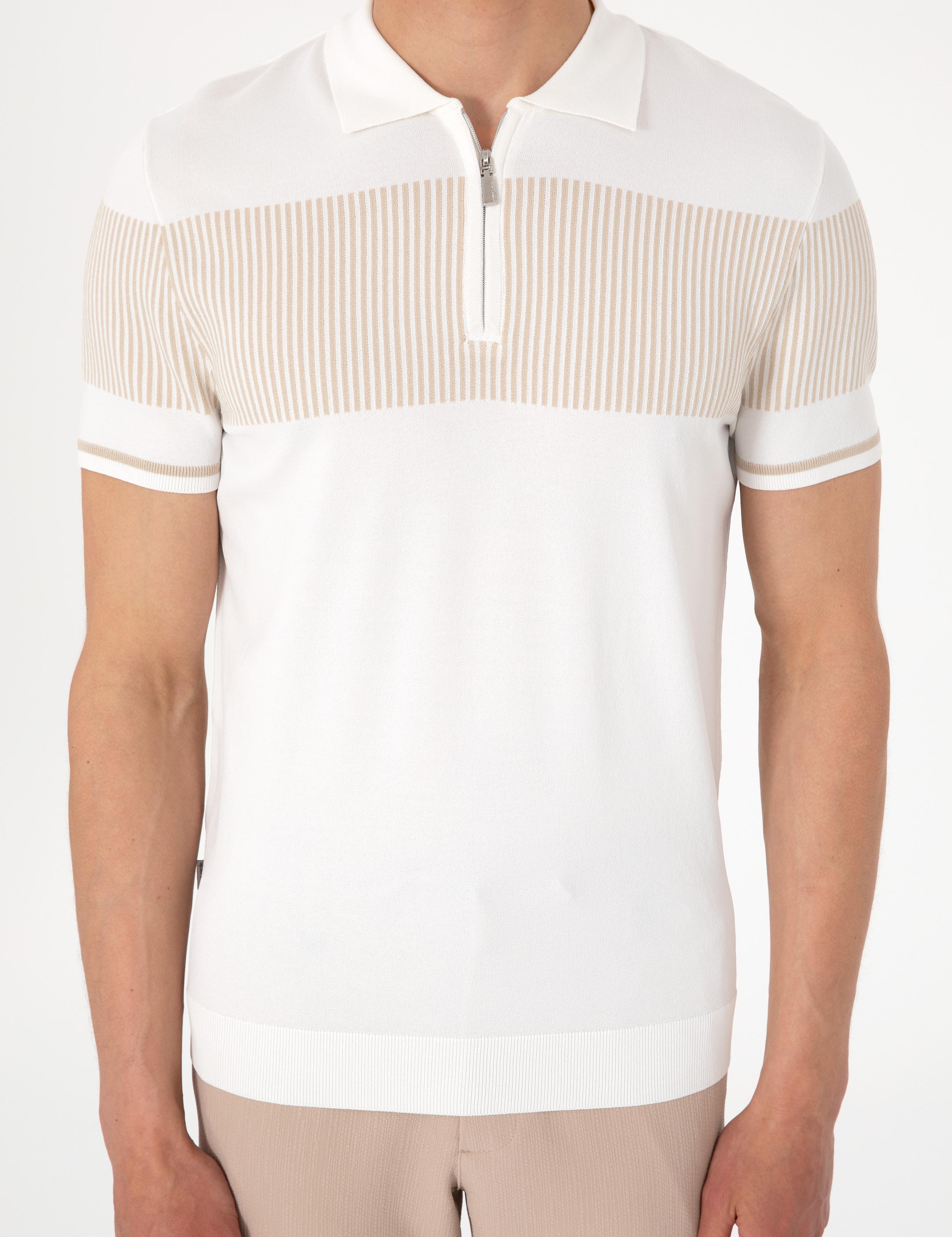 Ekru Slim Fit Fermuarlı Polo Yaka Triko Tişört