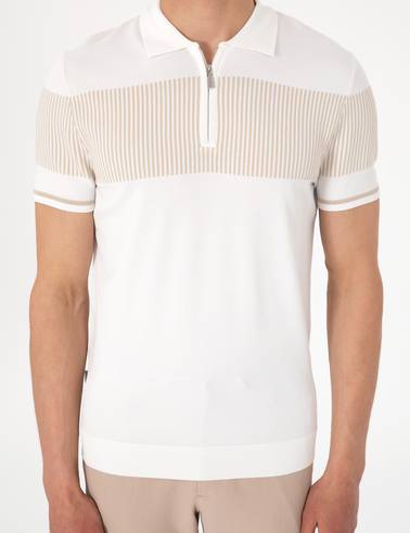 Ekru Slim Fit Fermuarlı Polo Yaka Triko Tişört
