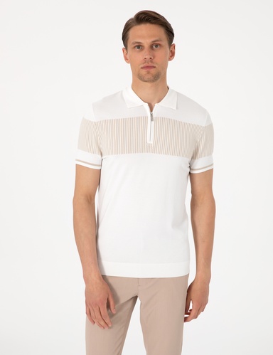 Ekru Slim Fit Fermuarlı Polo Yaka Triko Tişört