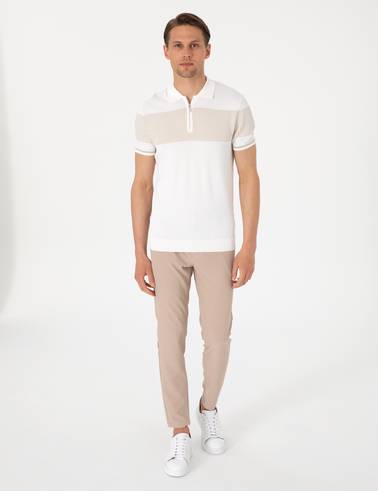 Ekru Slim Fit Fermuarlı Polo Yaka Triko Tişört