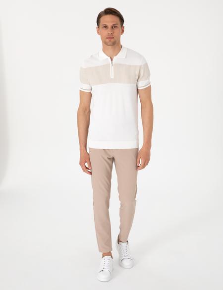Ekru Slim Fit Fermuarlı Polo Yaka Triko Tişört - 50306004007