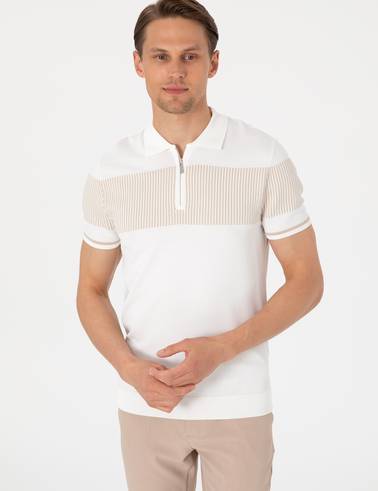 Ekru Slim Fit Fermuarlı Polo Yaka Triko Tişört