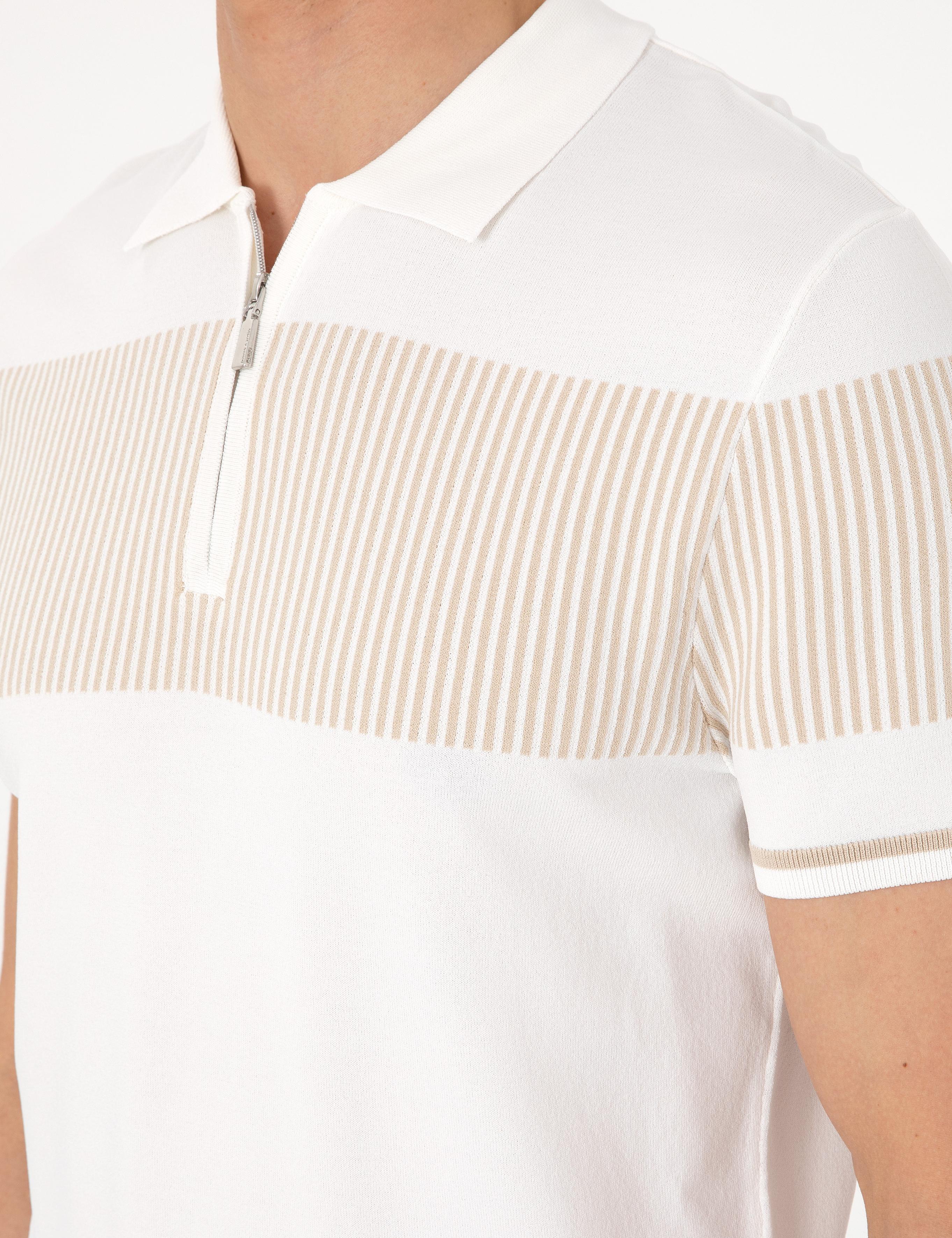 Ekru Slim Fit Fermuarlı Polo Yaka Triko Tişört