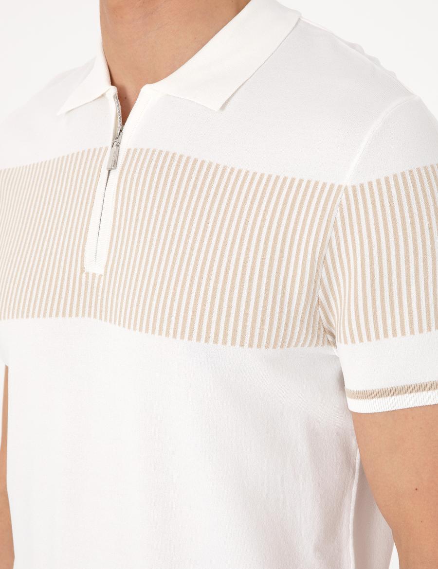 Ekru Slim Fit Fermuarlı Polo Yaka Triko Tişört