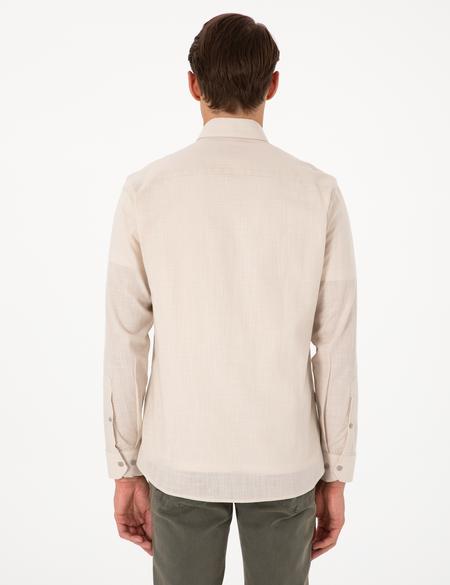 Bej Keten Görünümlü Slim Fit Uzun Kollu Gömlek - 50307025046