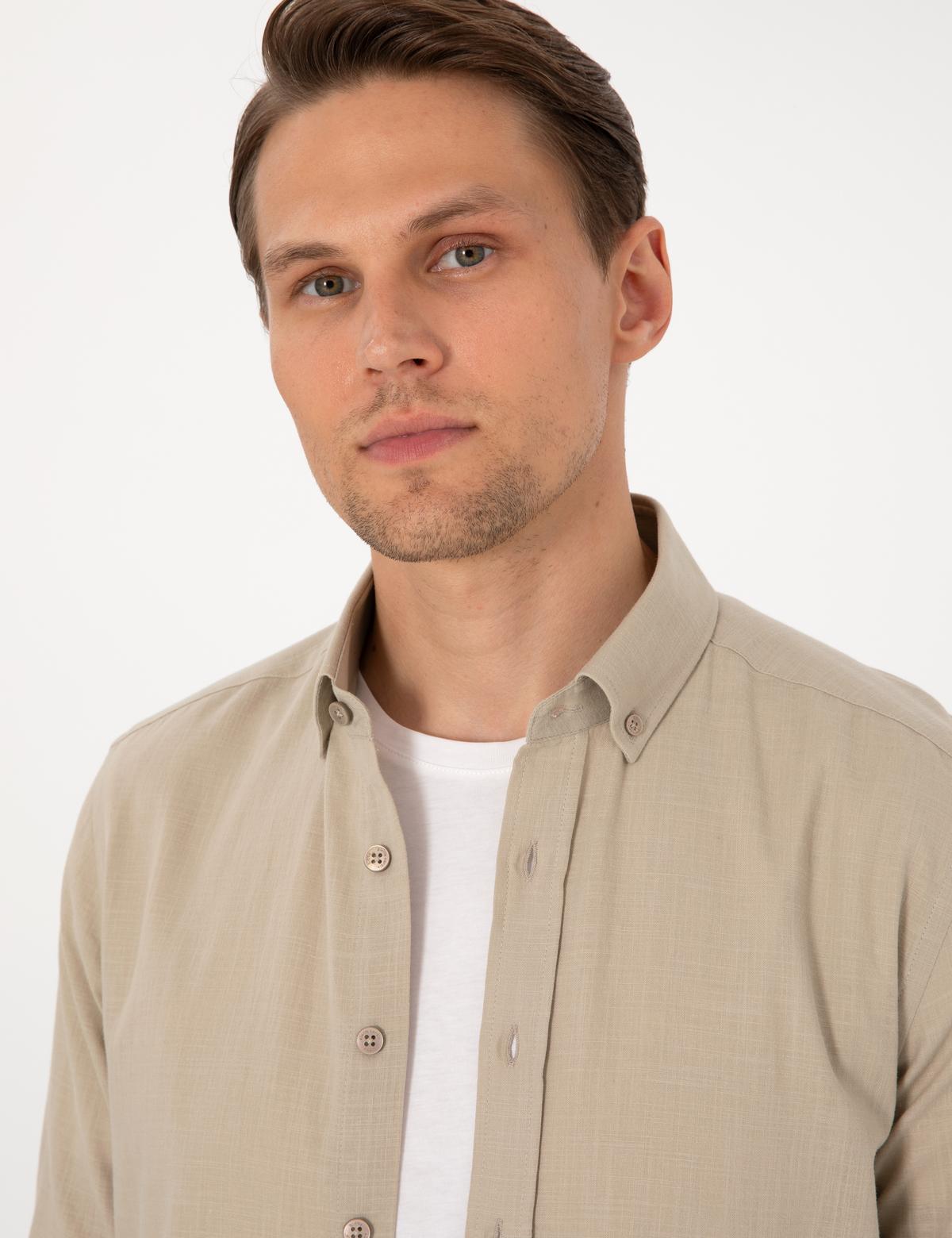 Haki Keten Görünümlü Slim Fit Uzun Kollu Gömlek - 50307025019