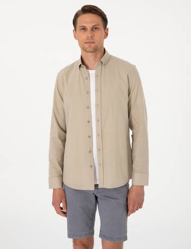 Haki Keten Görünümlü Slim Fit Uzun Kollu Gömlek
