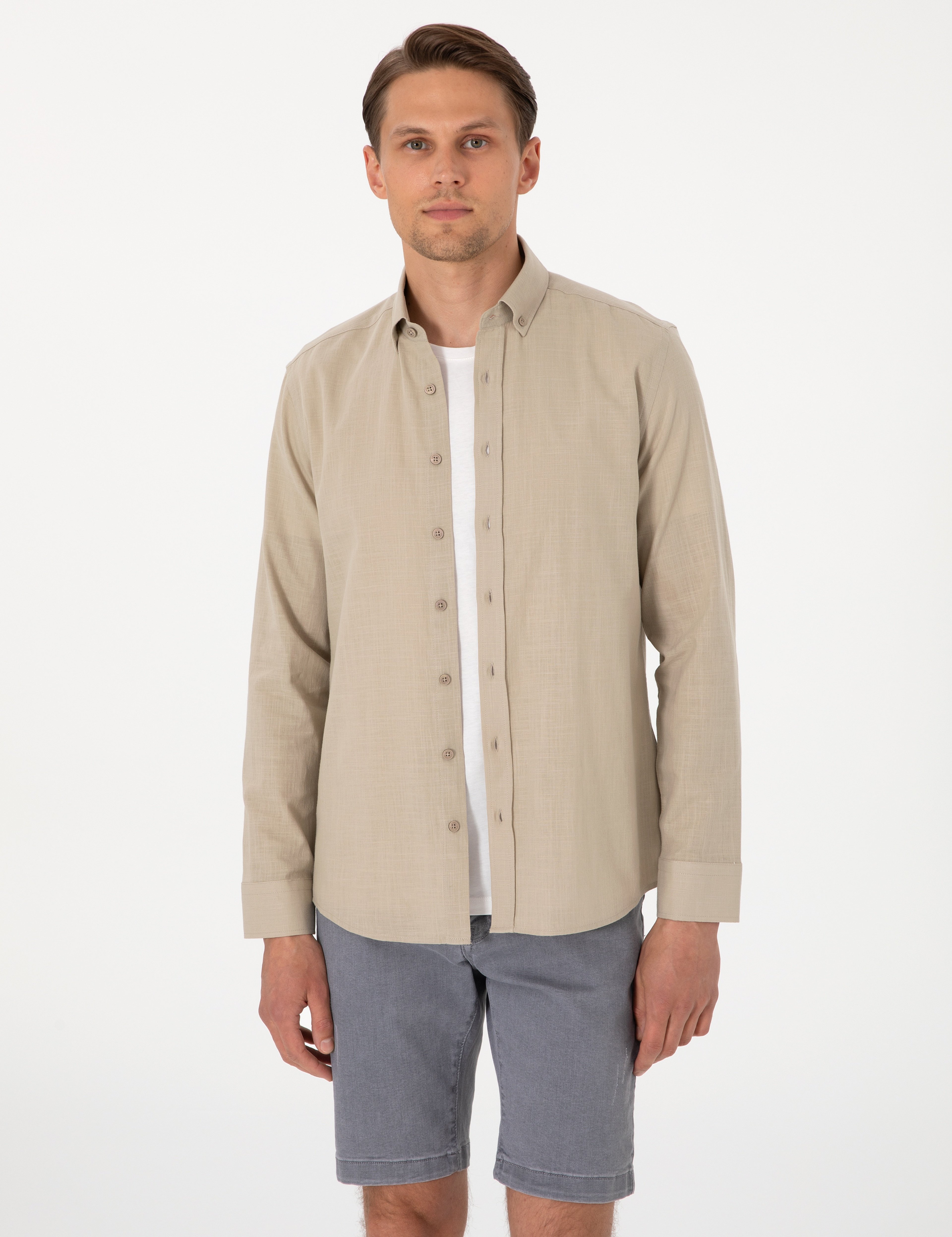 Haki Keten Görünümlü Slim Fit Uzun Kollu Gömlek - Image 3