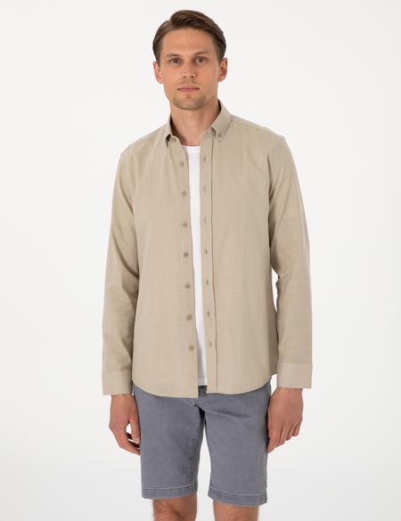 Haki Keten Görünümlü Slim Fit Uzun Kollu Gömlek - 50307025019