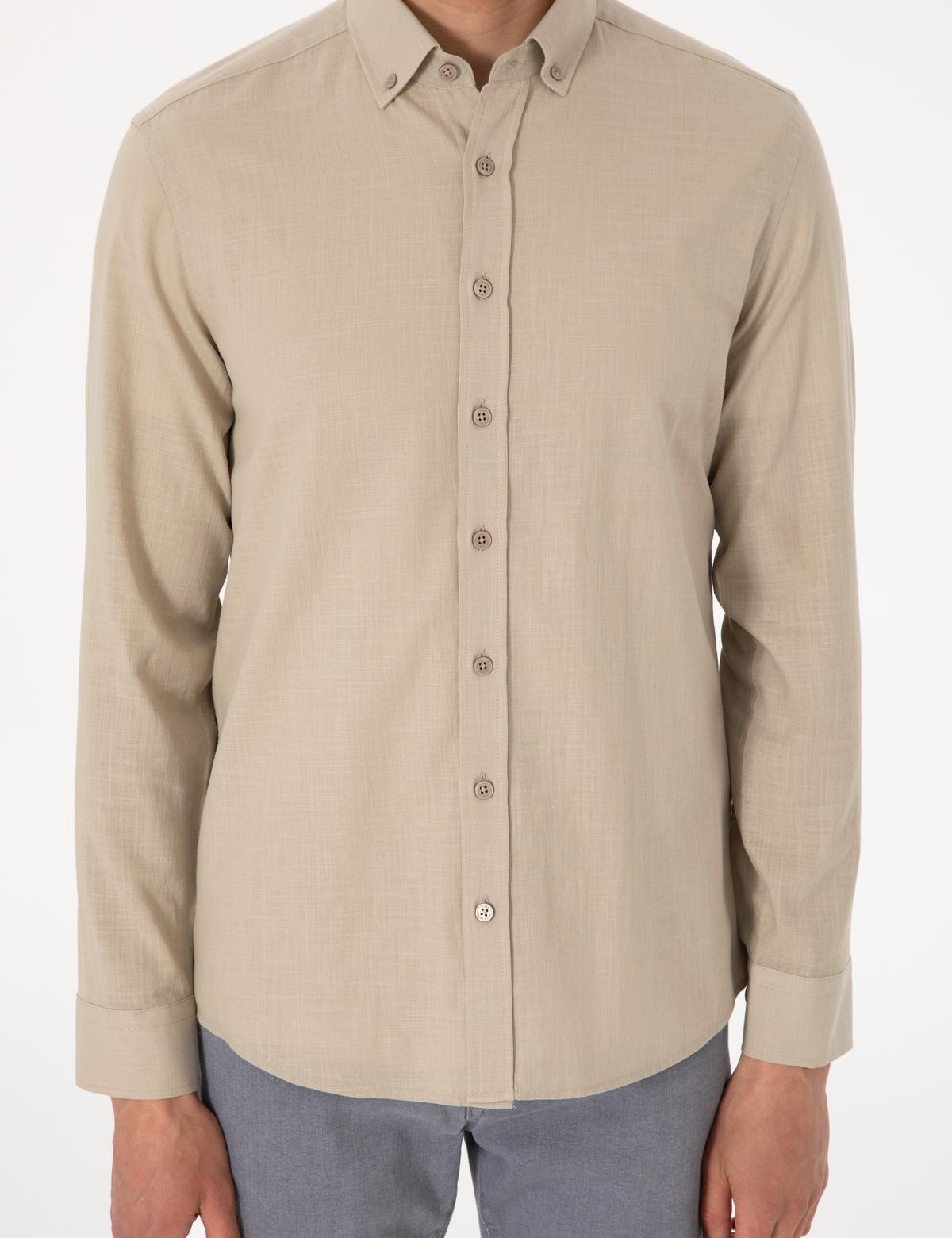 Haki Keten Görünümlü Slim Fit Uzun Kollu Gömlek - 50307025019