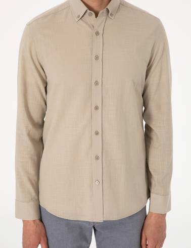 Haki Keten Görünümlü Slim Fit Uzun Kollu Gömlek