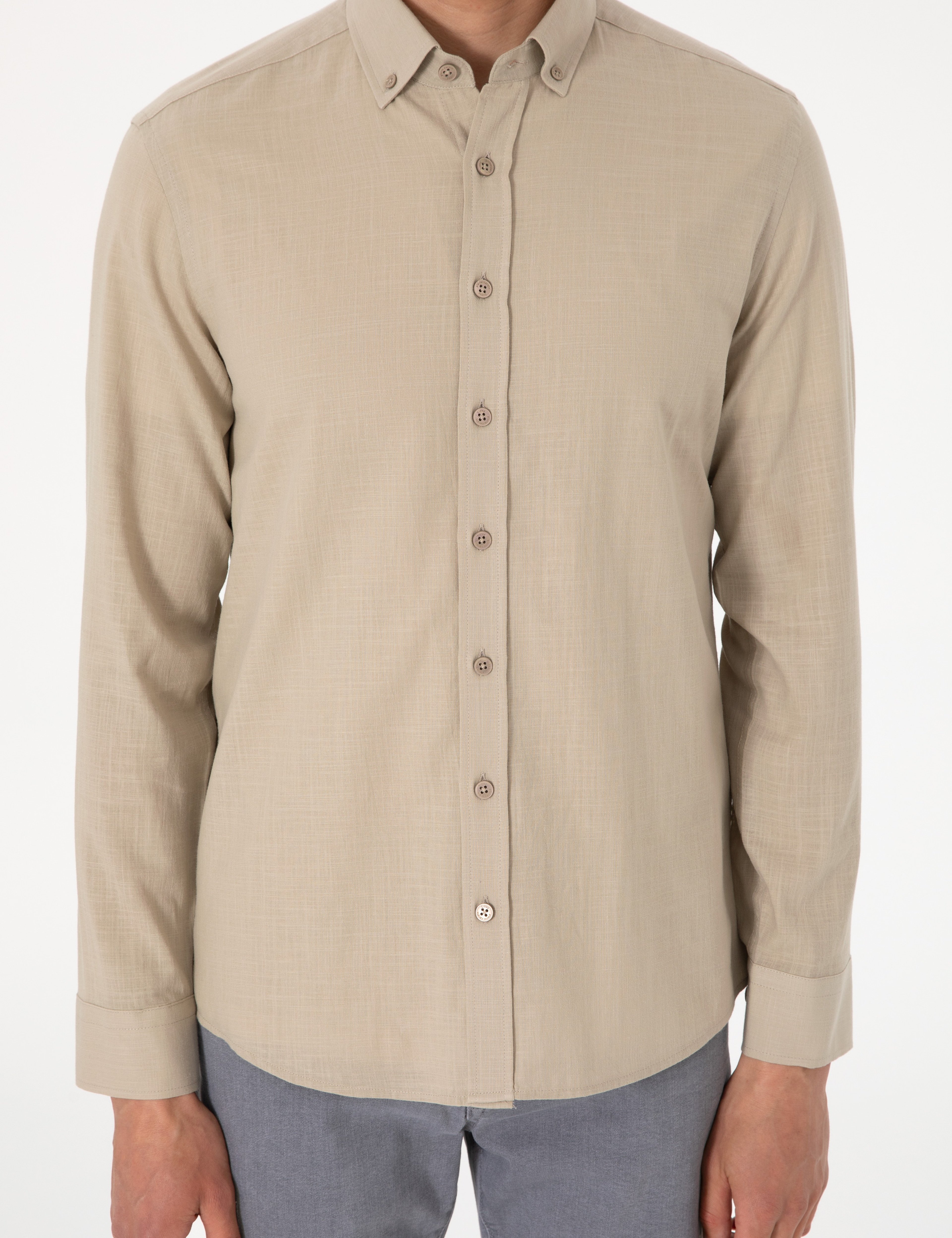 Haki Keten Görünümlü Slim Fit Uzun Kollu Gömlek - Image 6