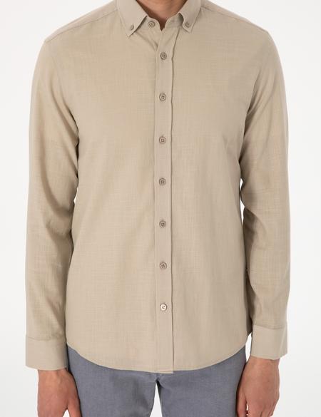 Haki Keten Görünümlü Slim Fit Uzun Kollu Gömlek - 50307025019