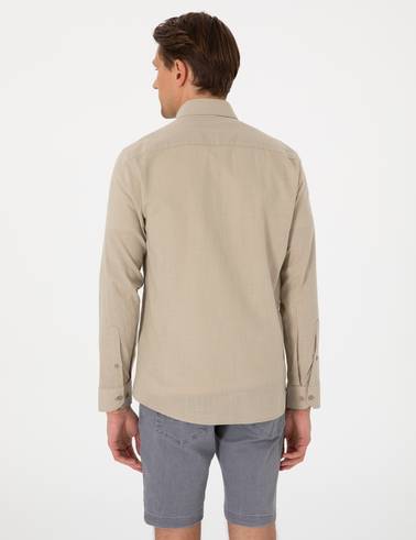 Haki Keten Görünümlü Slim Fit Uzun Kollu Gömlek