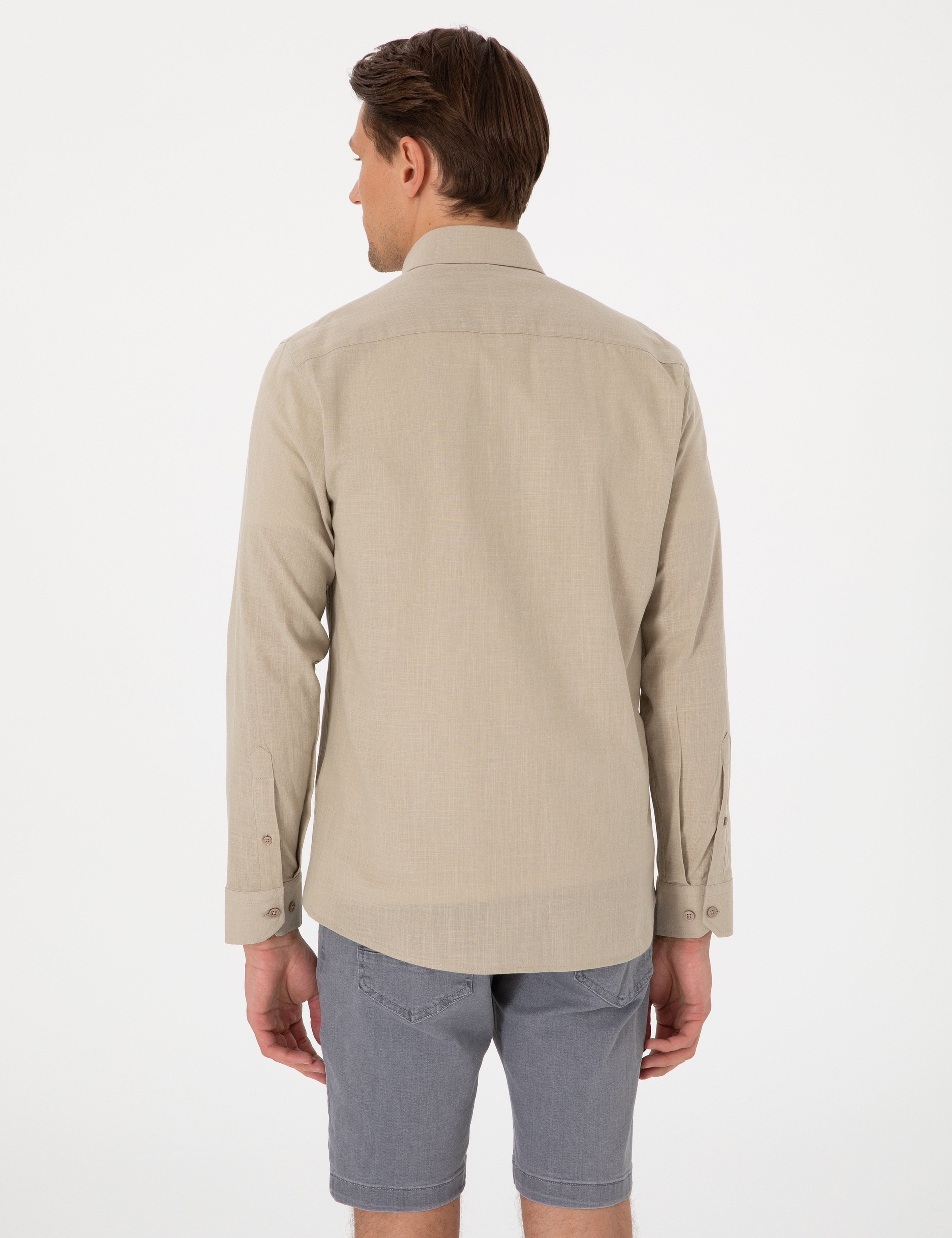 Haki Keten Görünümlü Slim Fit Uzun Kollu Gömlek - Image 5