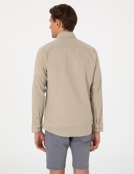 Haki Keten Görünümlü Slim Fit Uzun Kollu Gömlek - 50307025019
