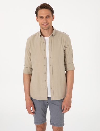 Haki Keten Görünümlü Slim Fit Uzun Kollu Gömlek
