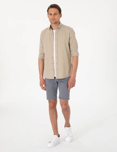 Haki Keten Görünümlü Slim Fit Uzun Kollu Gömlek