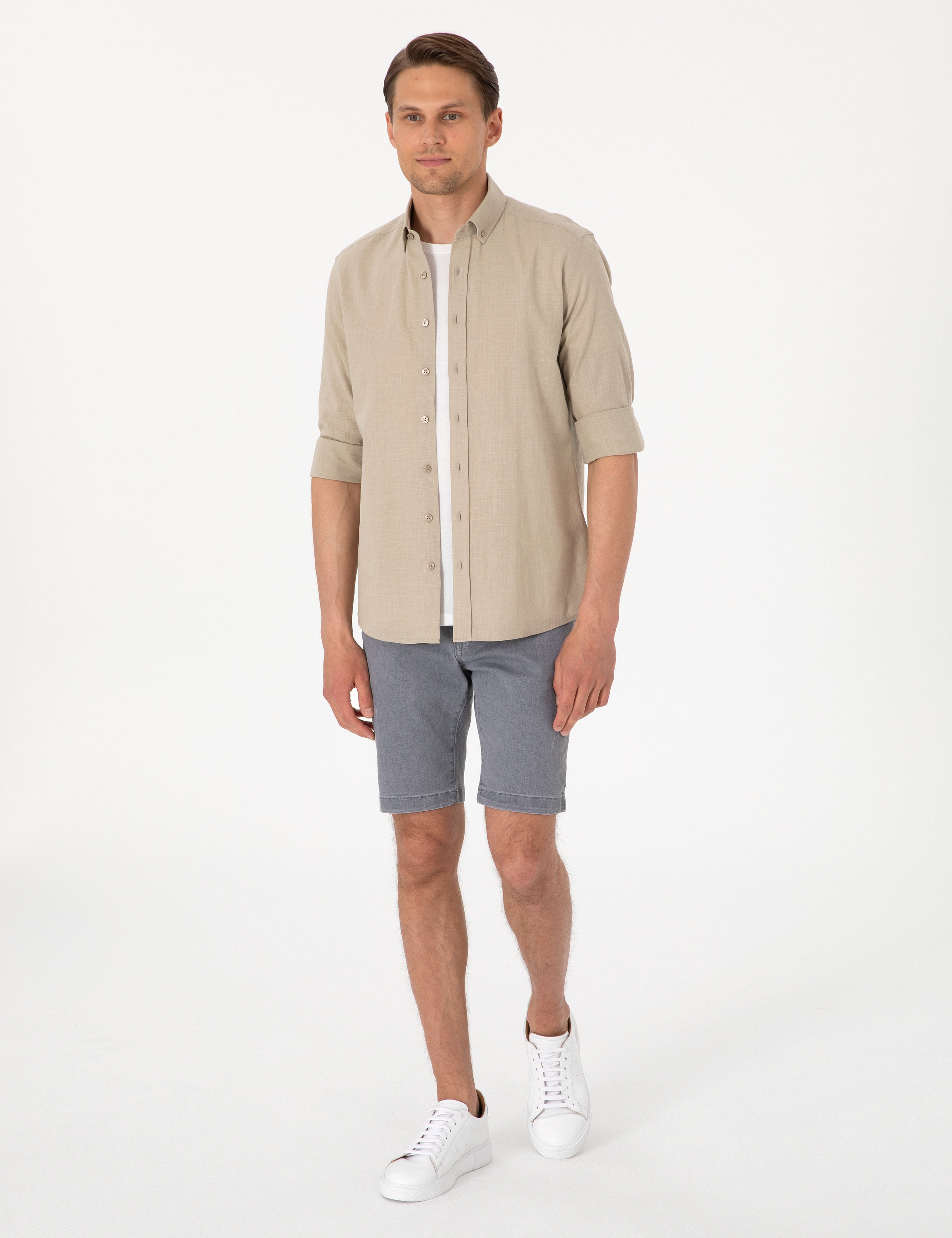 Haki Keten Görünümlü Slim Fit Uzun Kollu Gömlek - Image 4