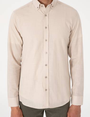 Bej Keten Görünümlü Slim Fit Uzun Kollu Gömlek