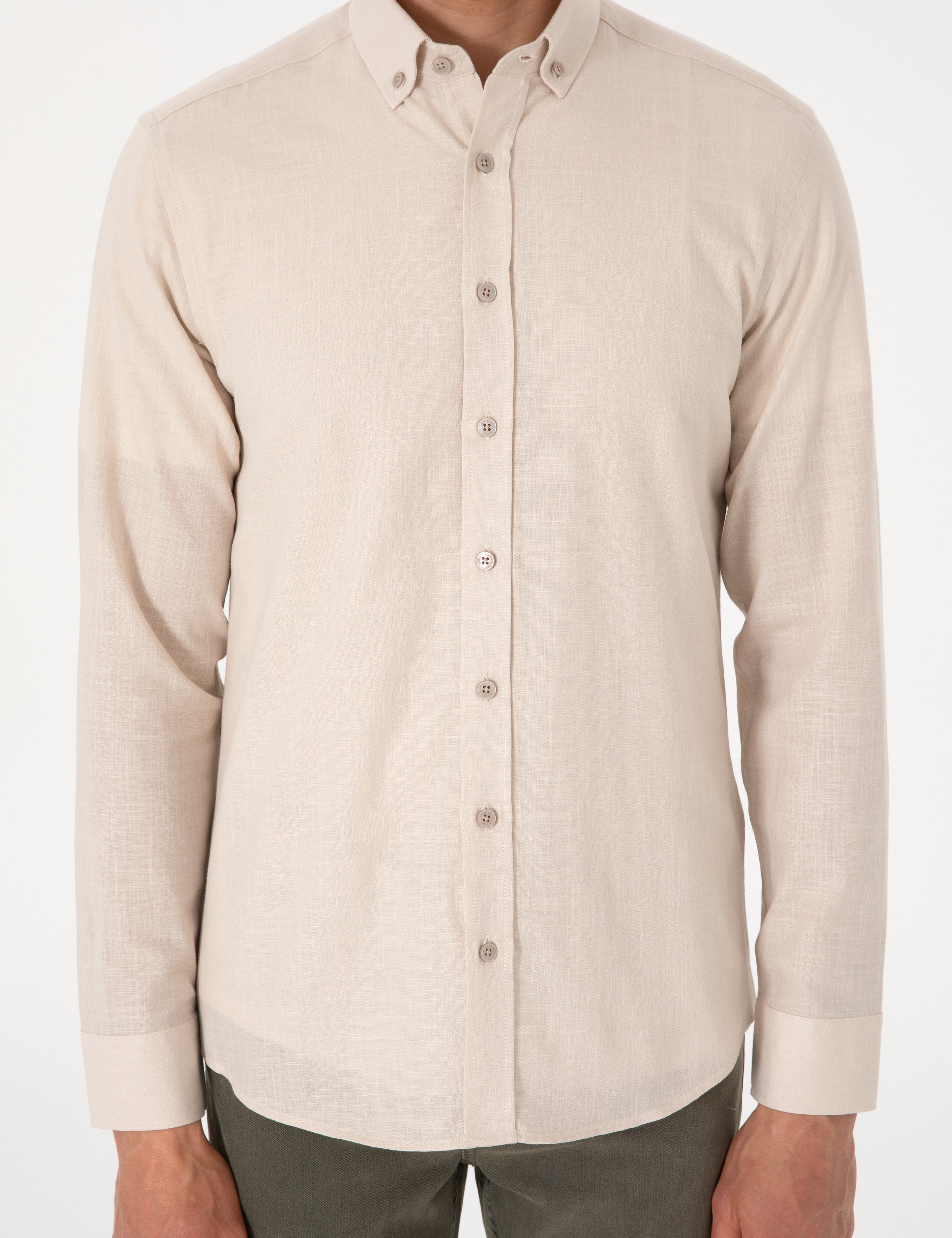 Bej Keten Görünümlü Slim Fit Uzun Kollu Gömlek - Image 6