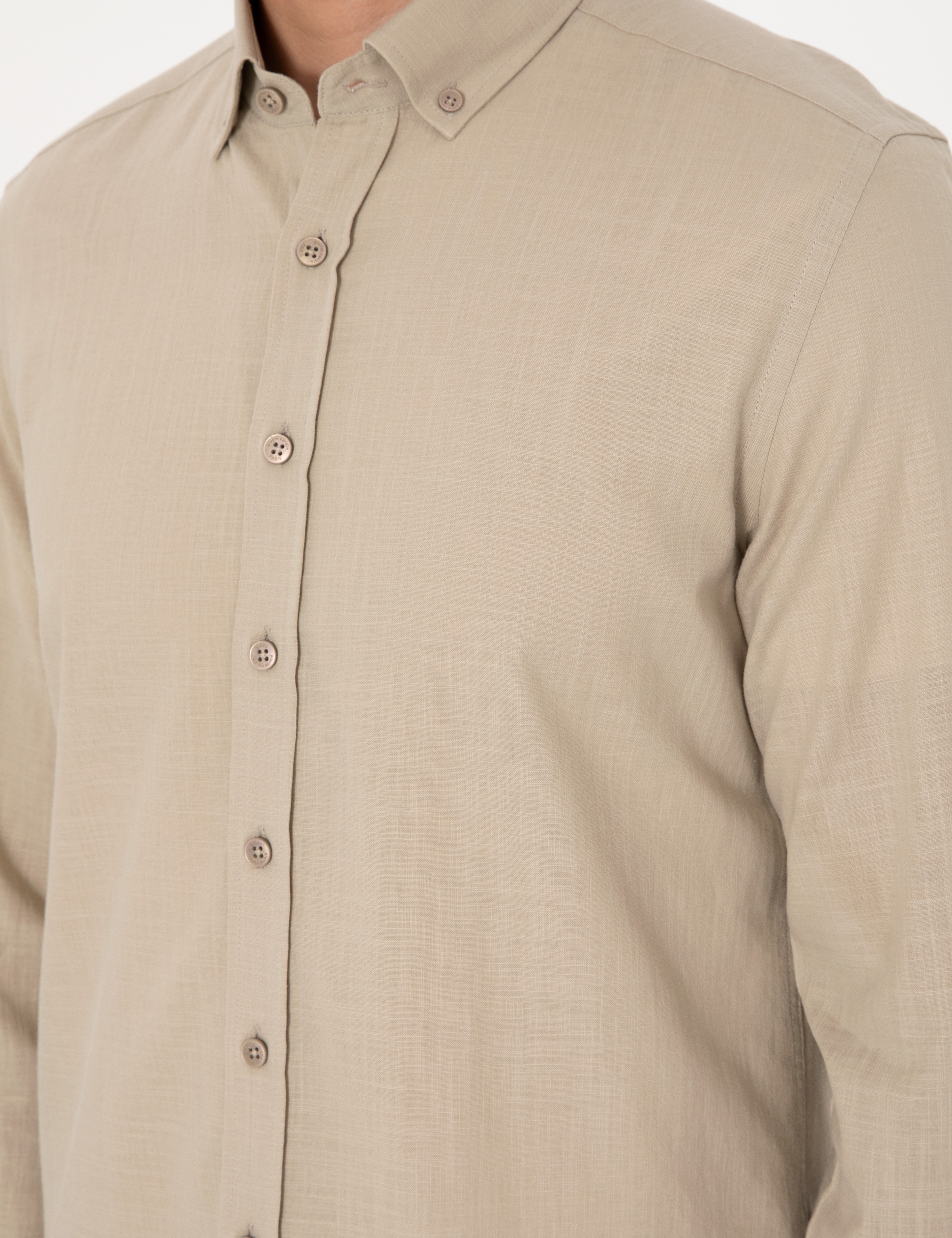 Haki Keten Görünümlü Slim Fit Uzun Kollu Gömlek - Image 7
