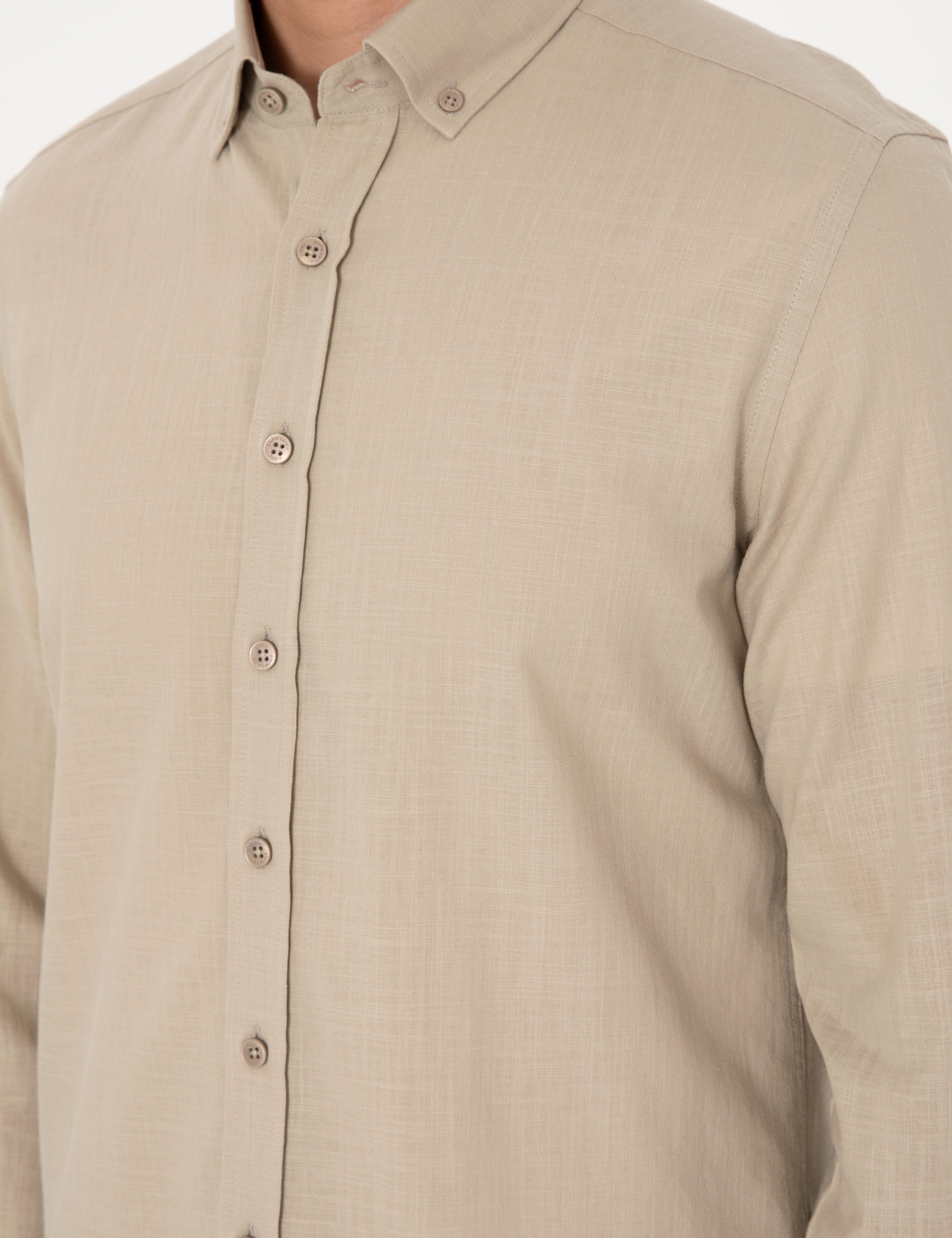 Haki Keten Görünümlü Slim Fit Uzun Kollu Gömlek