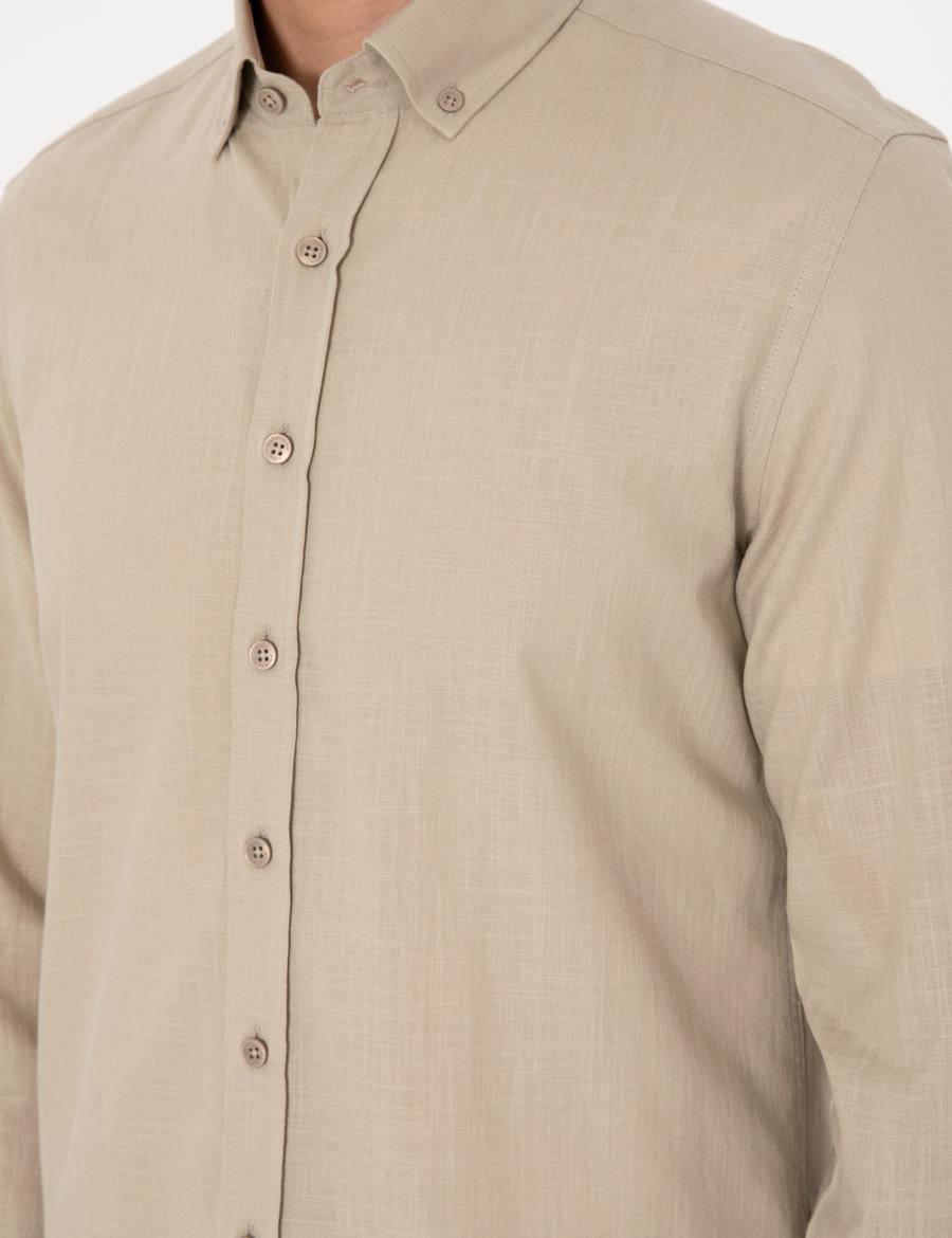 Haki Keten Görünümlü Slim Fit Uzun Kollu Gömlek