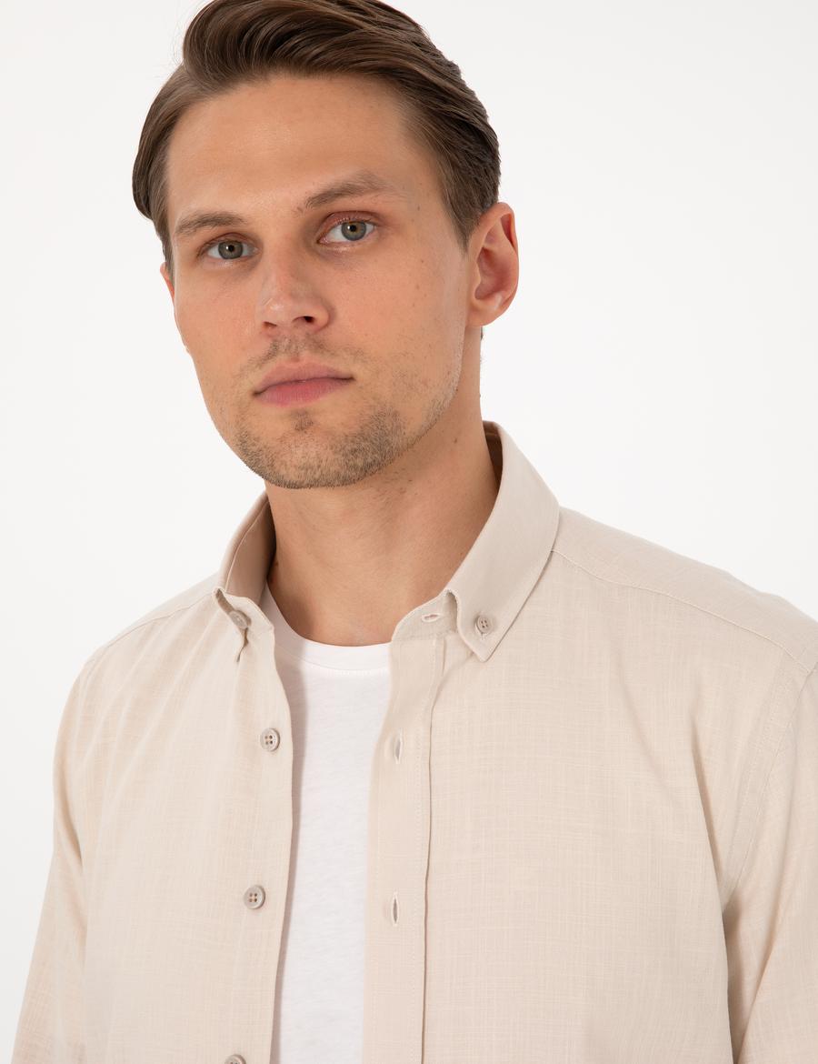 Bej Keten Görünümlü Slim Fit Uzun Kollu Gömlek