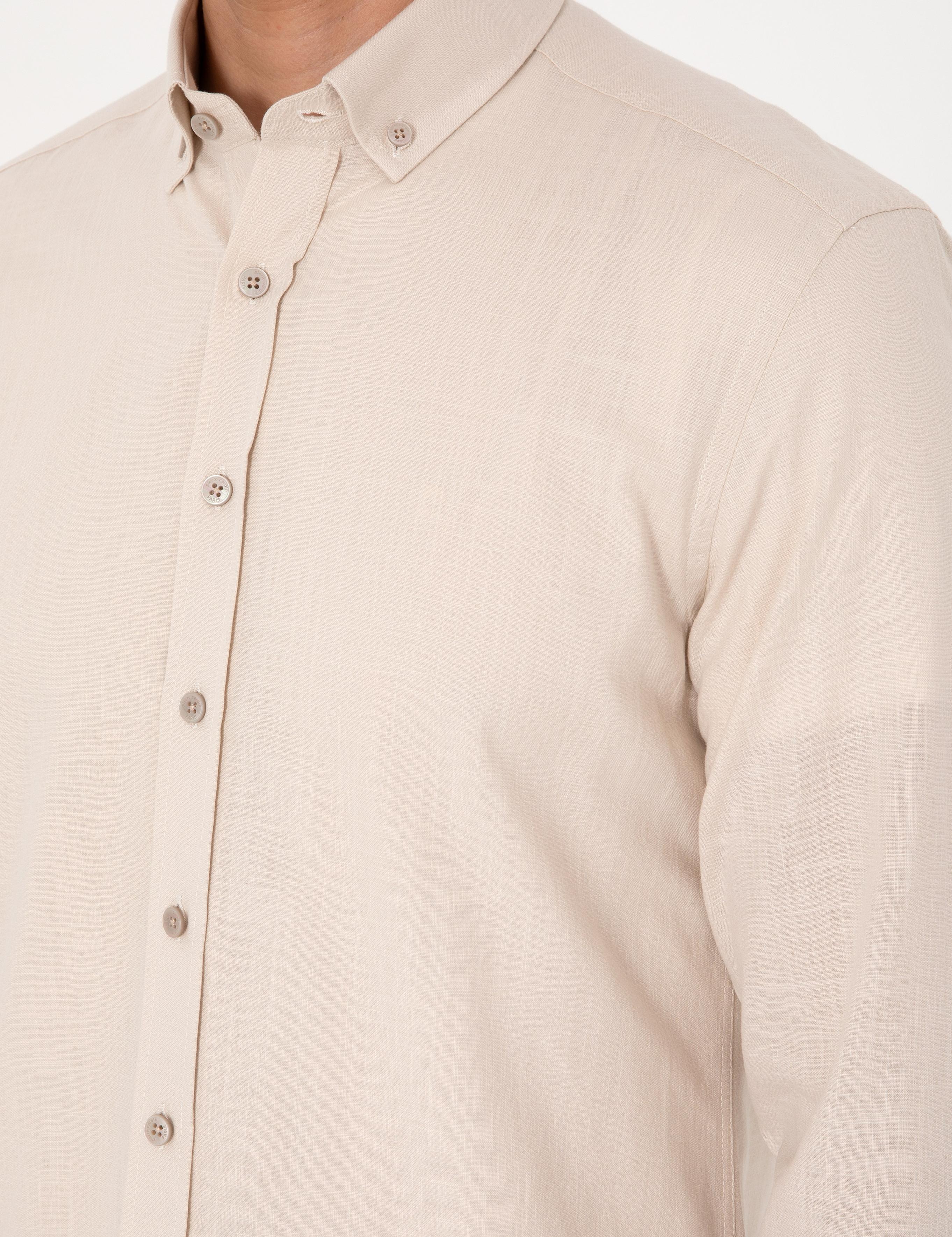 Bej Keten Görünümlü Slim Fit Uzun Kollu Gömlek