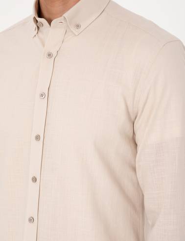 Bej Keten Görünümlü Slim Fit Uzun Kollu Gömlek