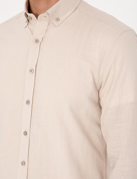 Bej Keten Görünümlü Slim Fit Uzun Kollu Gömlek - 50307025046