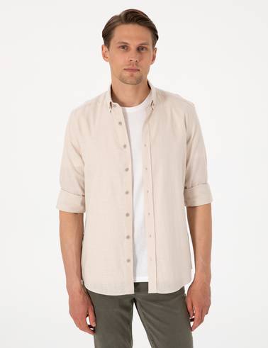Bej Keten Görünümlü Slim Fit Uzun Kollu Gömlek