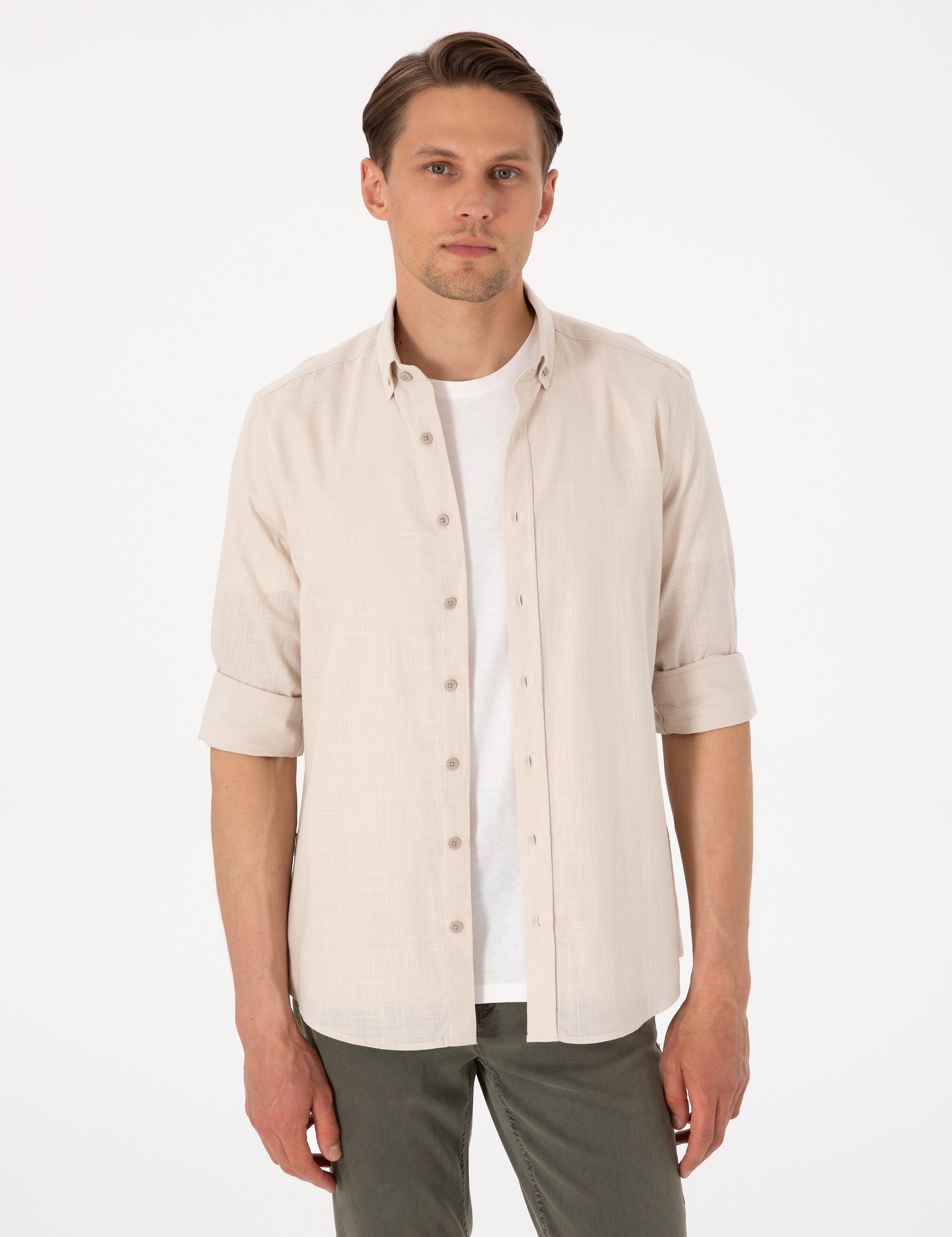 Bej Keten Görünümlü Slim Fit Uzun Kollu Gömlek - Image 1