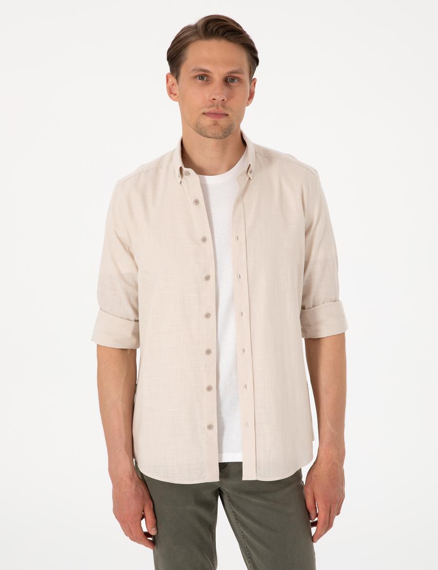 Bej Keten Görünümlü Slim Fit Uzun Kollu Gömlek