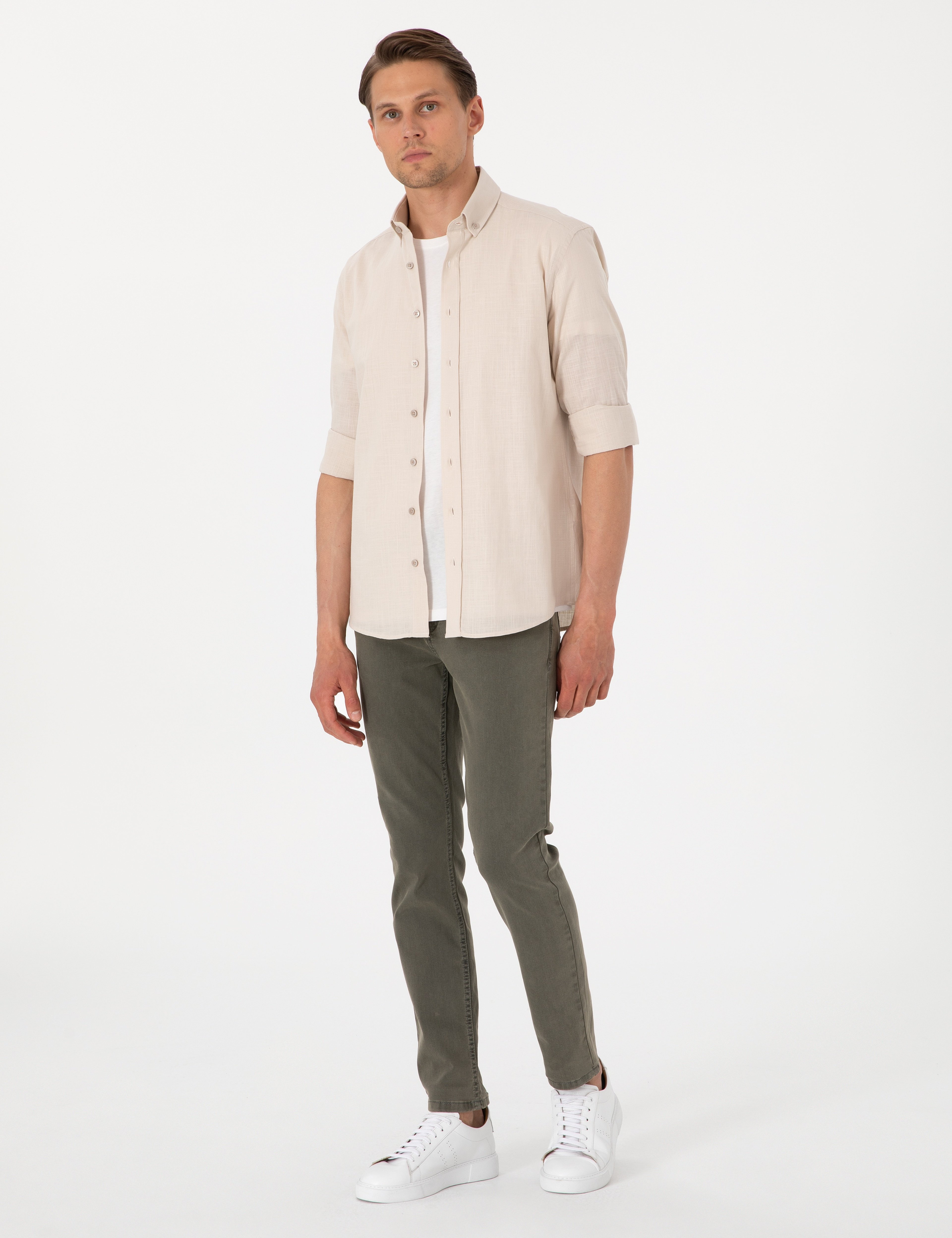 Bej Keten Görünümlü Slim Fit Uzun Kollu Gömlek