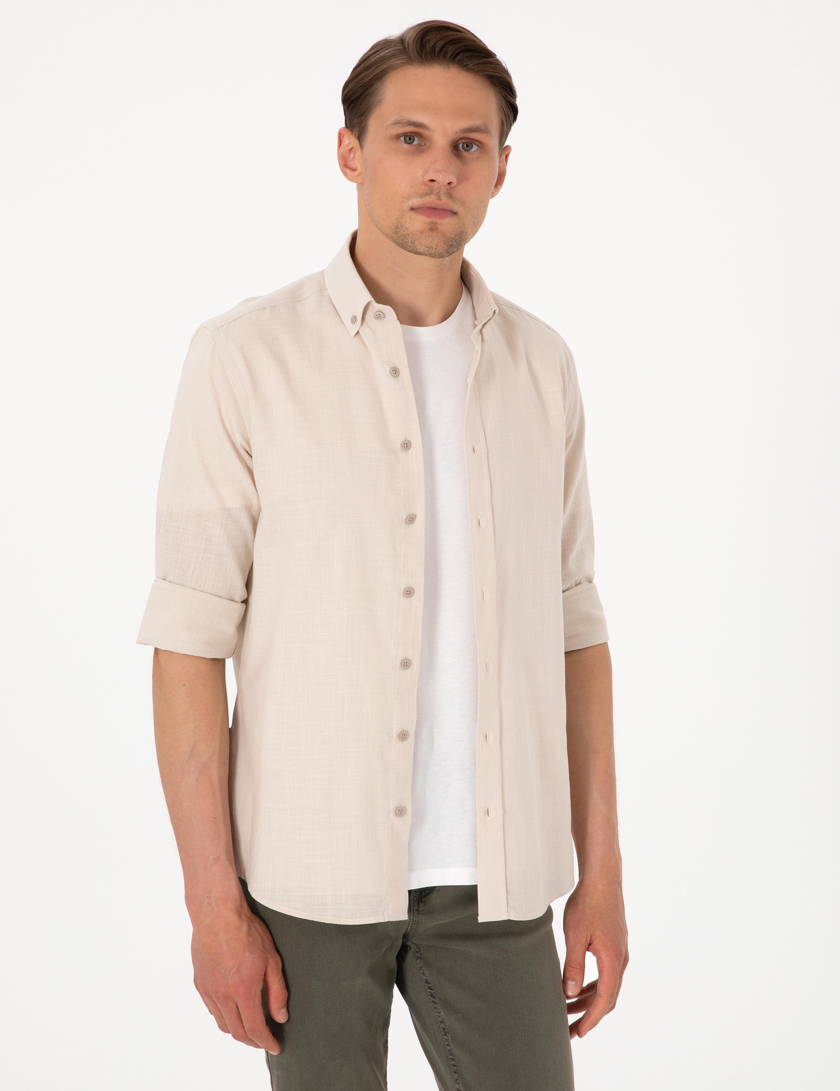 Bej Keten Görünümlü Slim Fit Uzun Kollu Gömlek