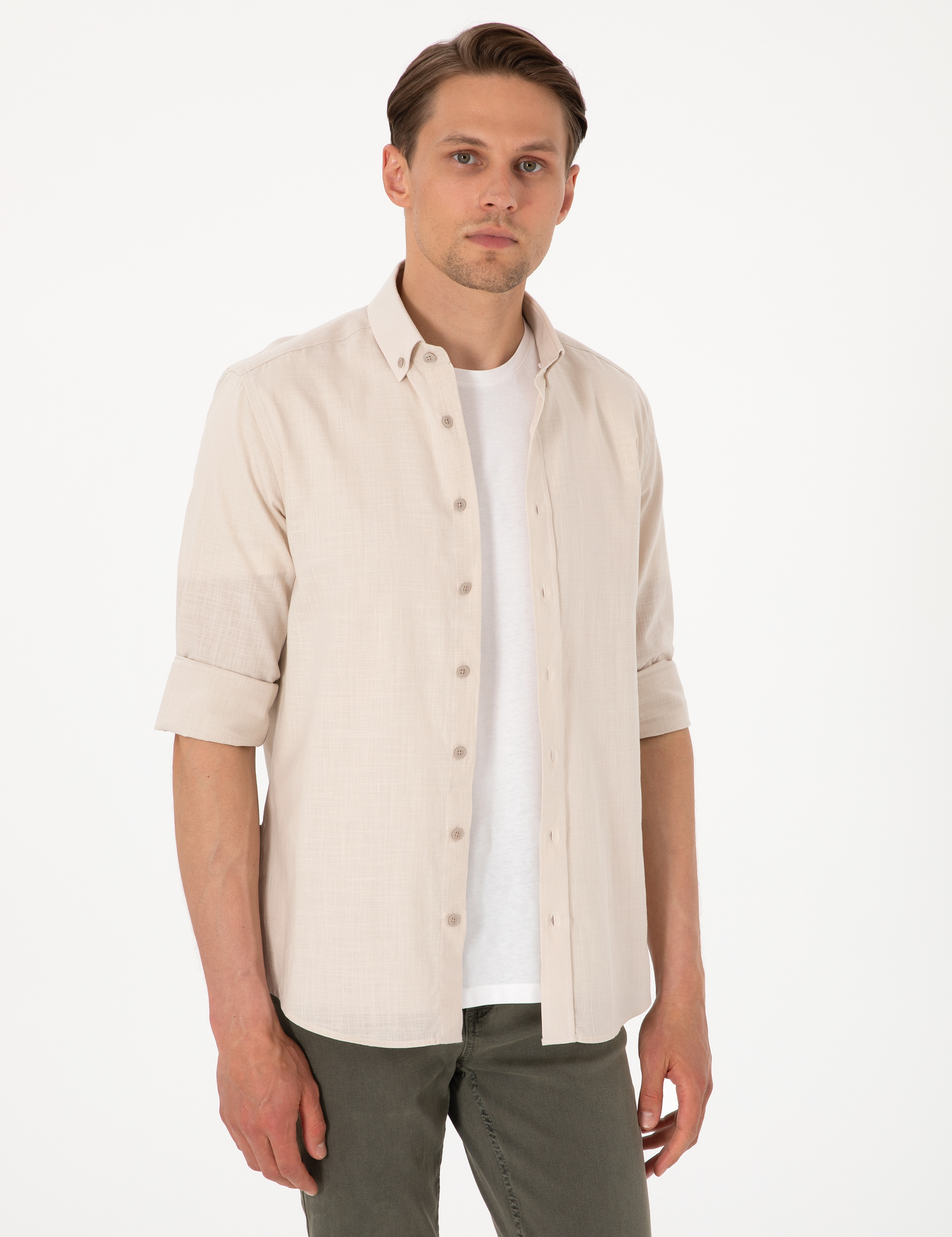 Bej Keten Görünümlü Slim Fit Uzun Kollu Gömlek - Image 3