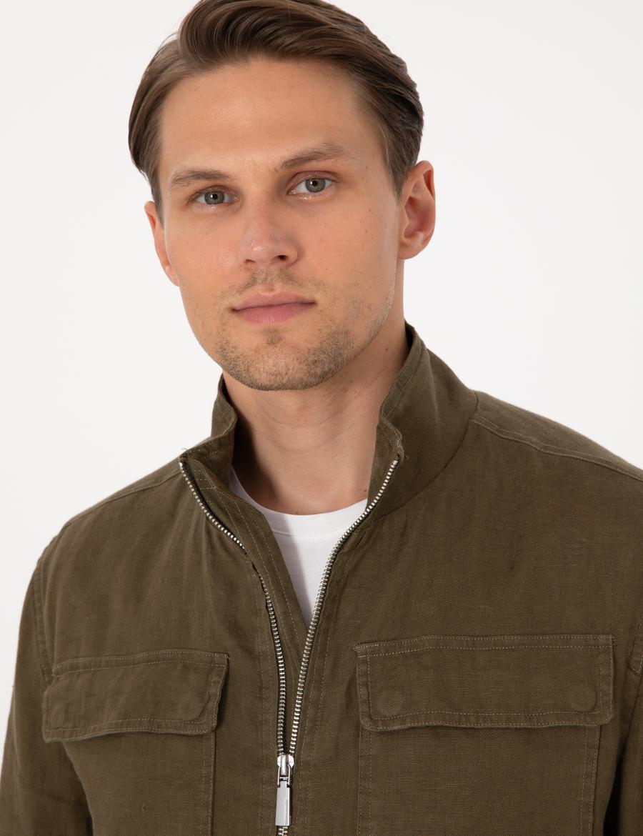 Haki Hakim Yaka Keten Mevsimlik Mont