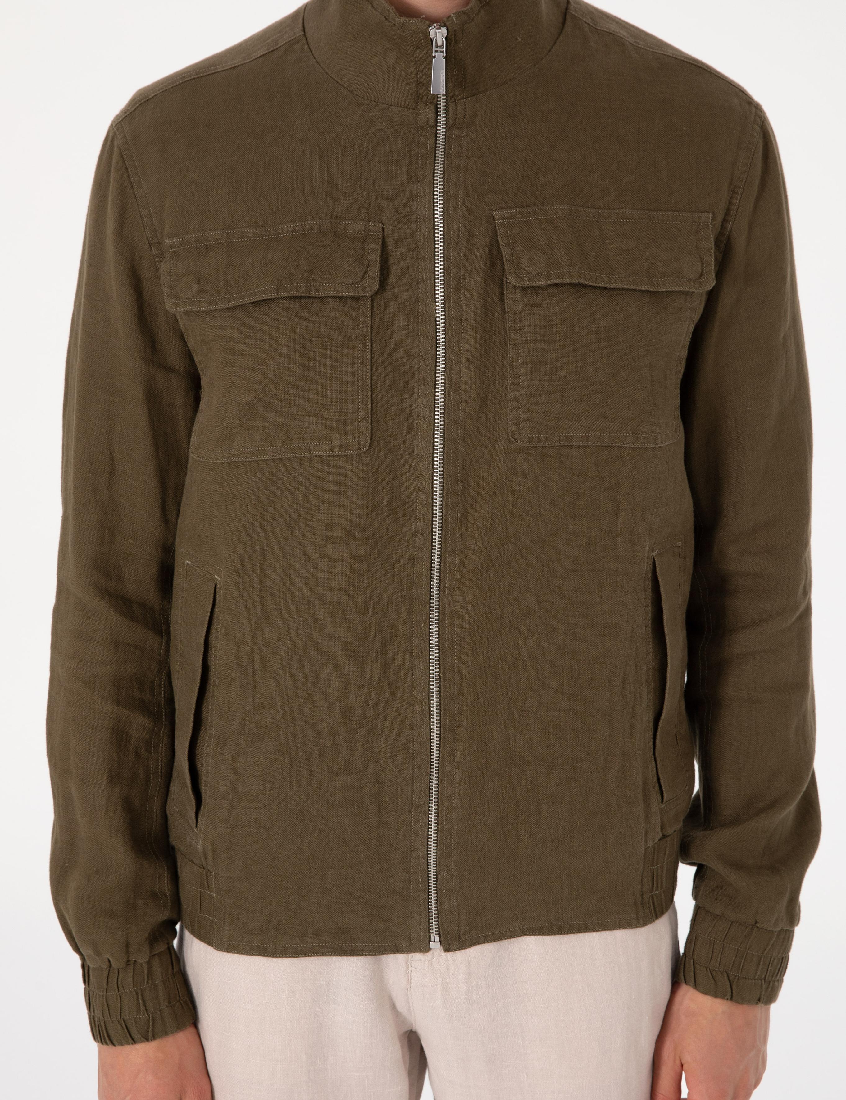 Haki Hakim Yaka Keten Mevsimlik Mont