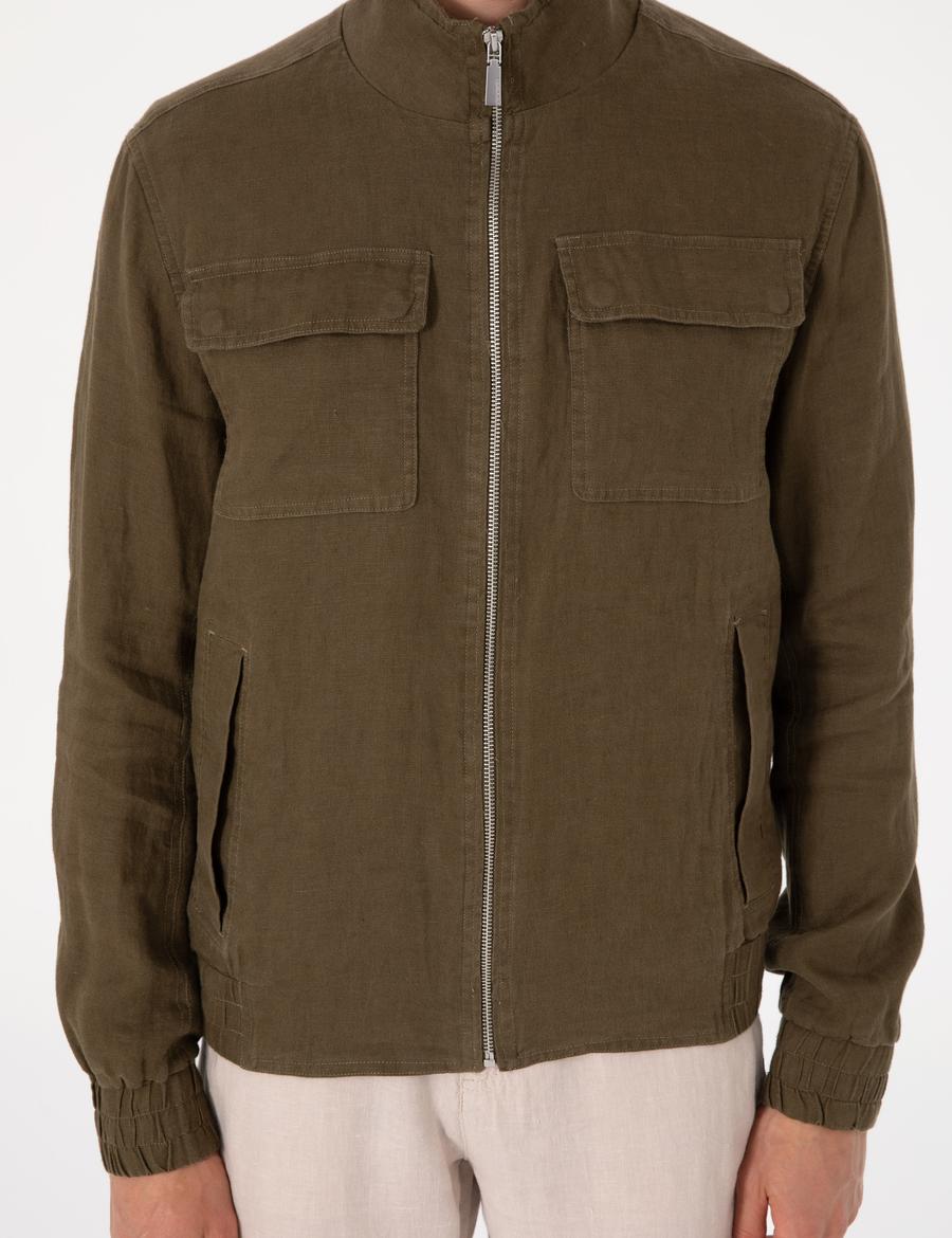 Haki Hakim Yaka Keten Mevsimlik Mont