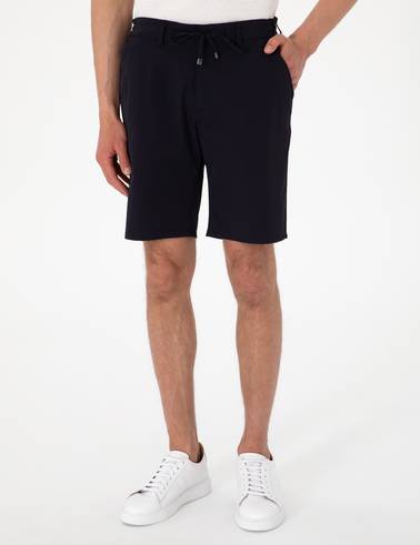 Lacivert Slim Fit Beli Lastikli Bağcıklı Dokuma Şort