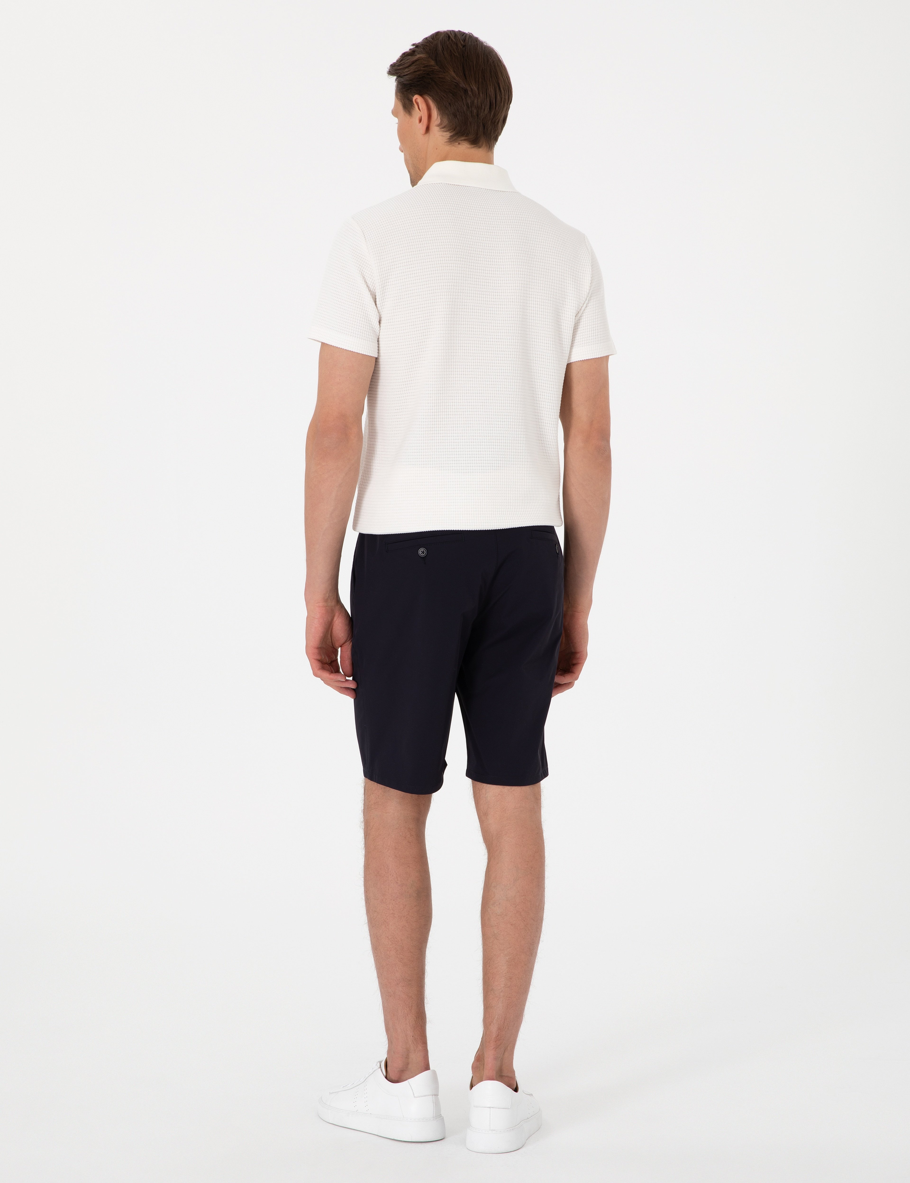 Lacivert Slim Fit Beli Lastikli Bağcıklı Dokuma Şort