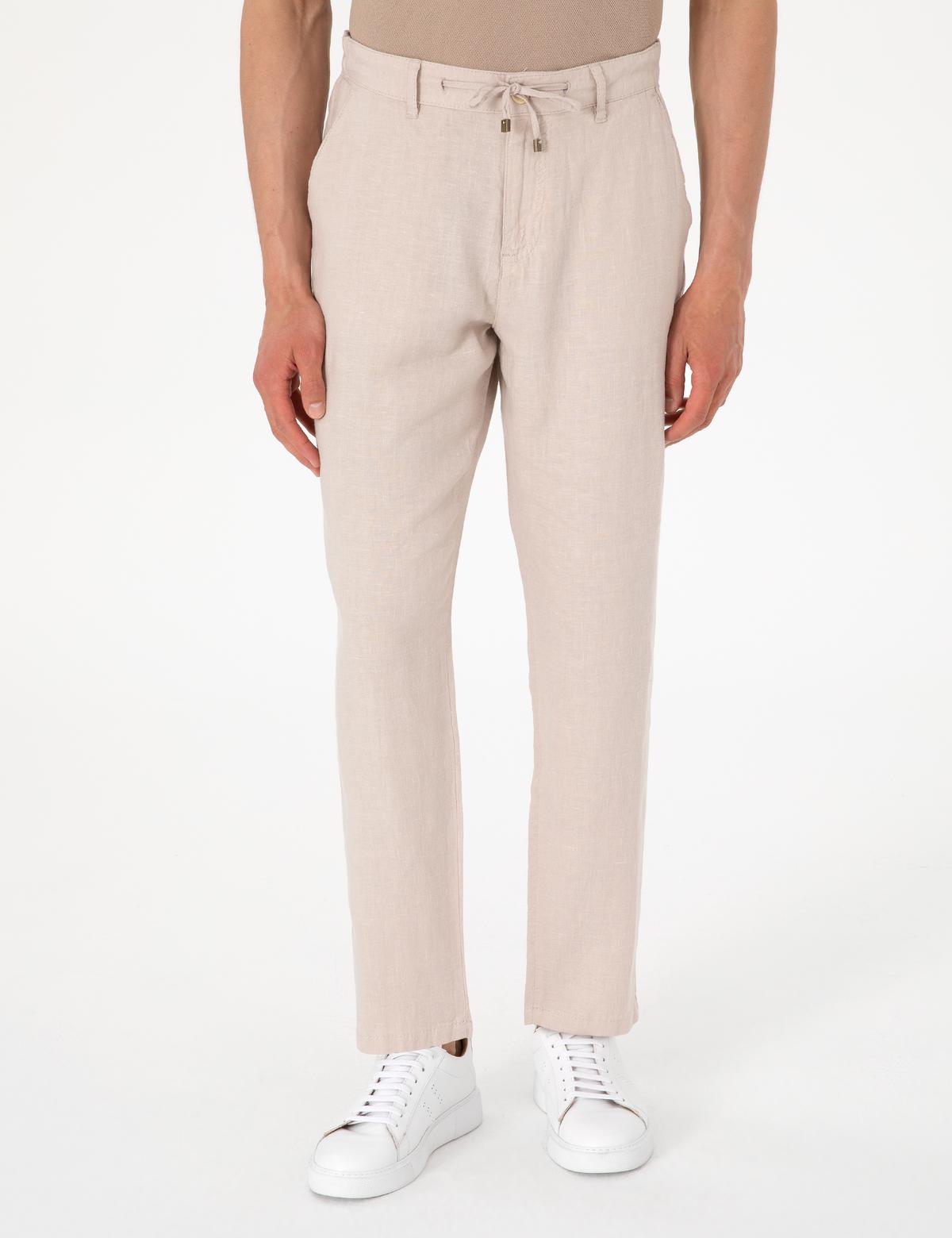 Bej Carrot Fit %100 Keten Beli Lastikli İpli Kanvas Pantolon - 50301811181