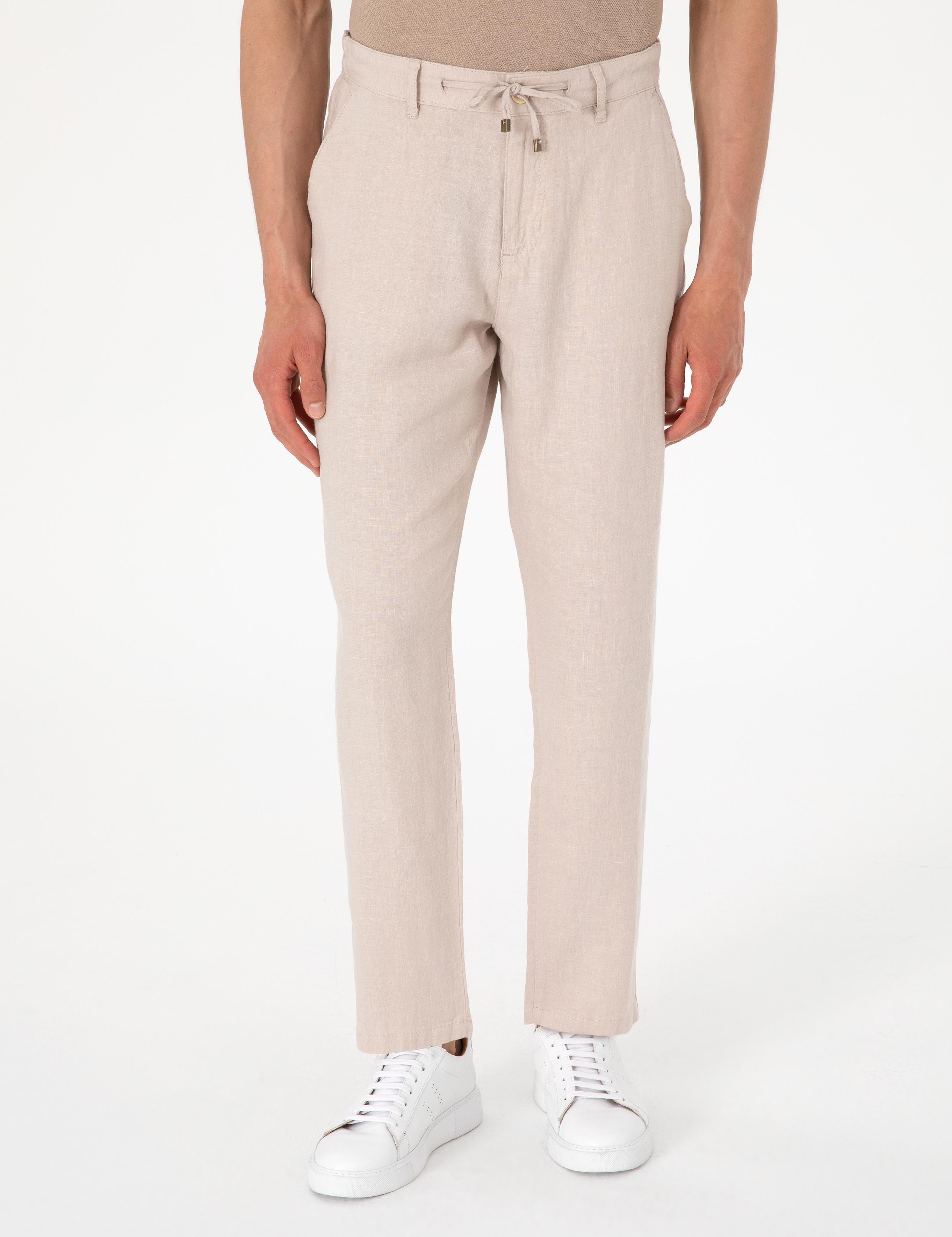 Bej Carrot Fit %100 Keten Beli Lastikli İpli Kanvas Pantolon