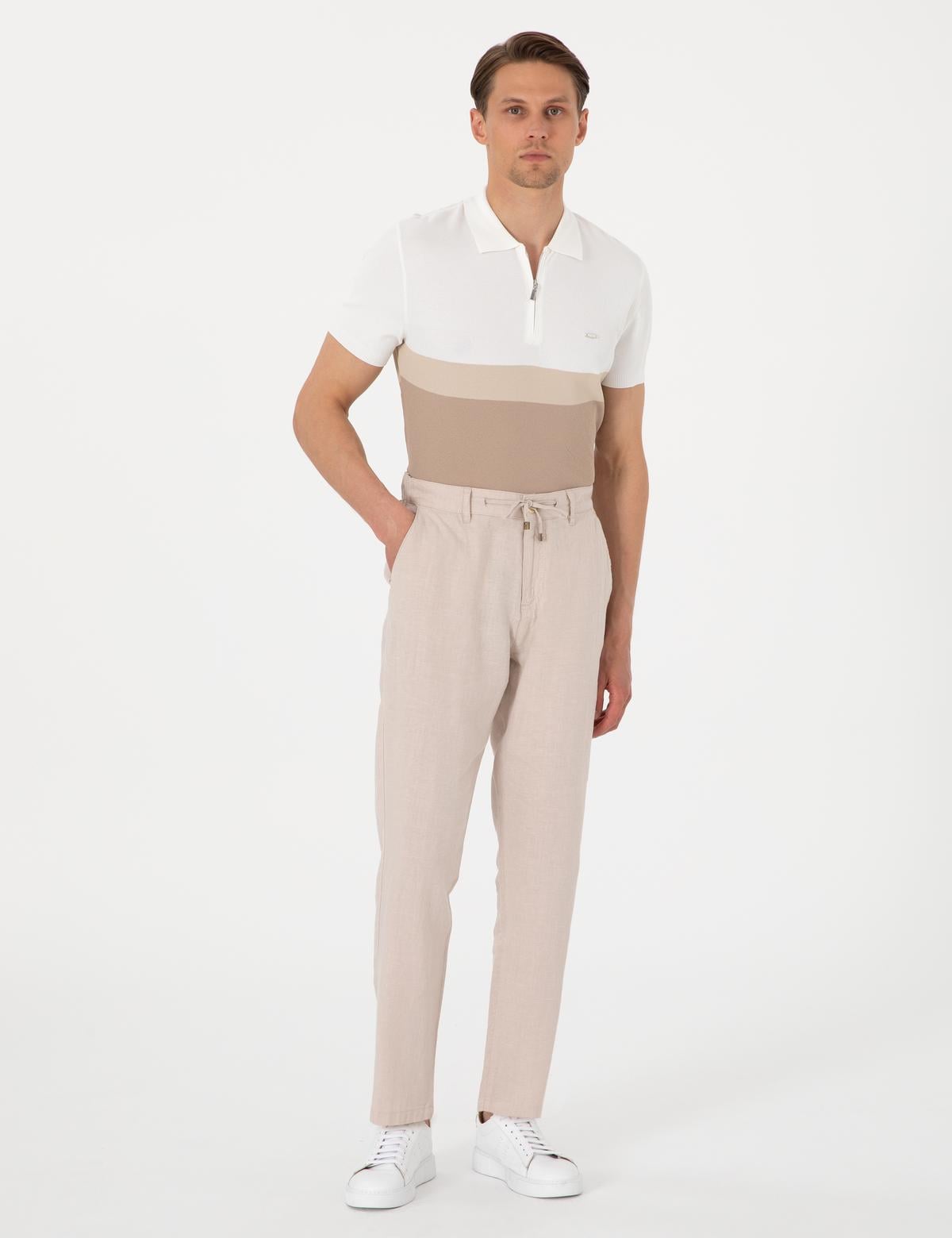 Bej Carrot Fit %100 Keten Beli Lastikli İpli Kanvas Pantolon