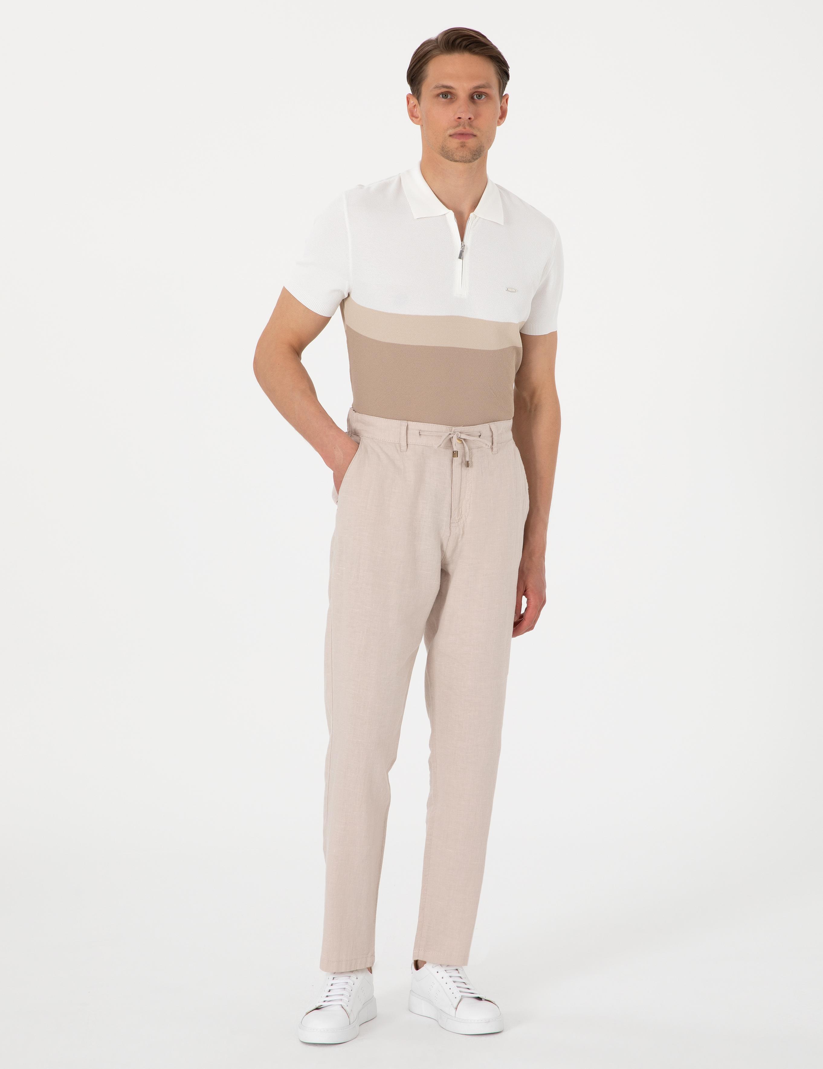 Bej Carrot Fit %100 Keten Beli Lastikli İpli Kanvas Pantolon