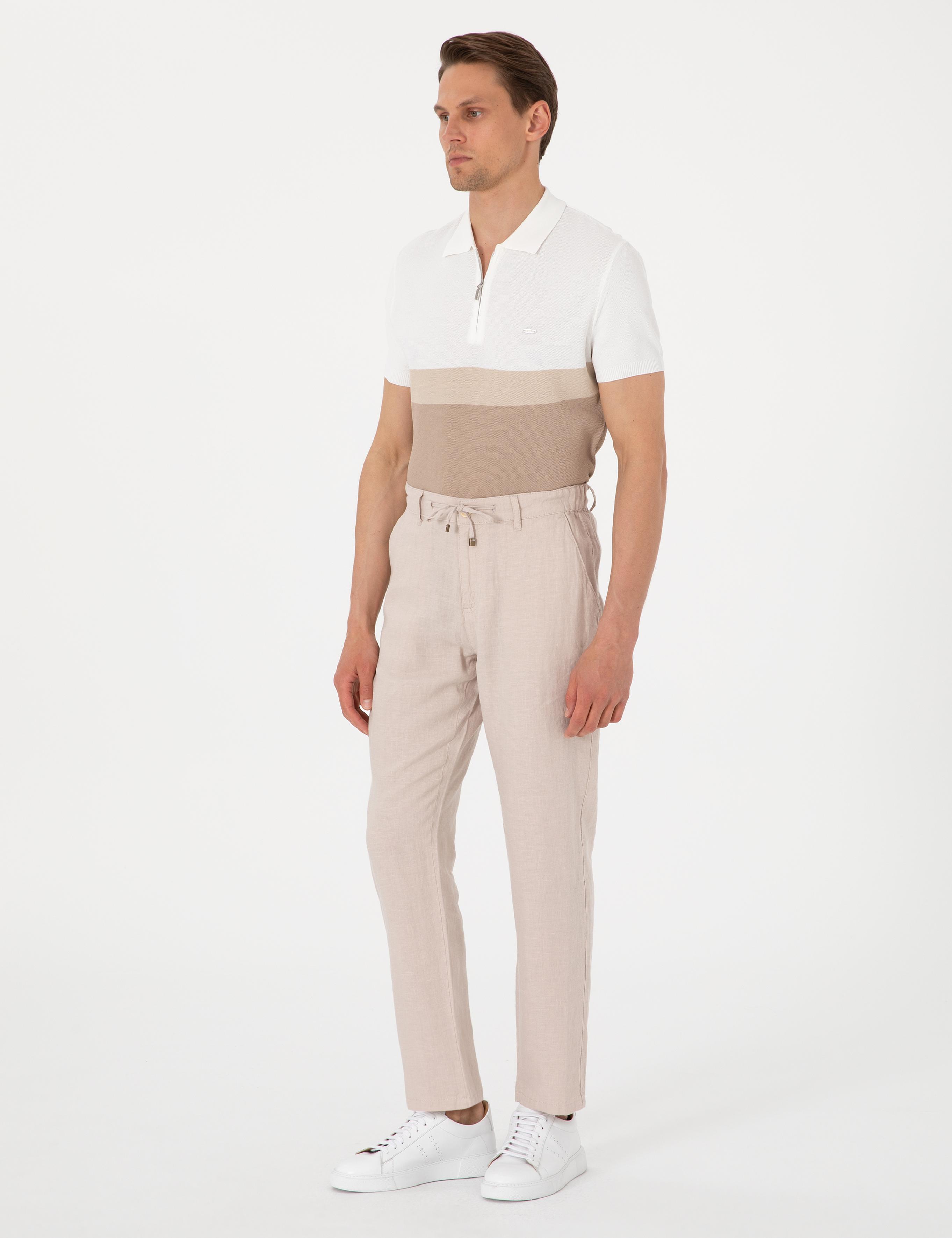 Bej Carrot Fit %100 Keten Beli Lastikli İpli Kanvas Pantolon